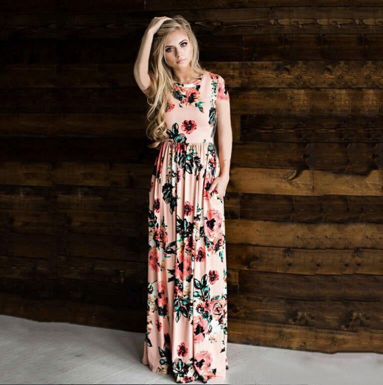 2022 new European and American foreign trade parent-child ebay printed mother-daughter dress womens nine-point sleeve dress Europe and the United States Pink Short Sleeve 