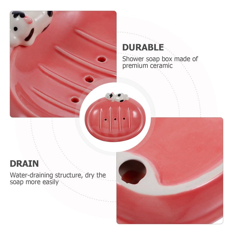 Ceramic Soap Dish With Drainage Cute Cow Pattern Soap Holder For Shower Countertop - Image 4
