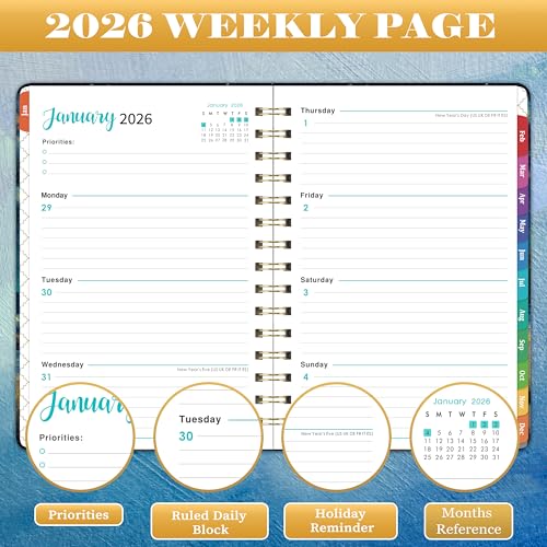 Pinchoco 2026 Planner - Planner 2026, Jan. 2026 - Dec. 2026, 8.4"x 6.3", 2026 Planner Weekly and Monthly, 2026 Calendar Planner with Elastic Closure + Colorful Tabs + Hardcover - Dreaming Sea - Image 4