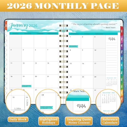 Pinchoco 2026 Planner - Planner 2026, Jan. 2026 - Dec. 2026, 8.4"x 6.3", 2026 Planner Weekly and Monthly, 2026 Calendar Planner with Elastic Closure + Colorful Tabs + Hardcover - Dreaming Sea - Image 3