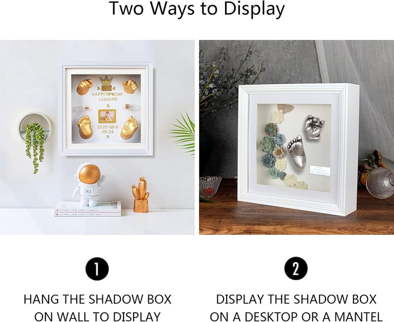 WANLIAN 10x10 Shadow Box Frame 3D Shadow Box Display Case with European Border Memory Box for Baby Handprint  Footprint DIY Hand Foot Print 3D Plaster Collages Collections Mementos2inch Depth White - Image 5