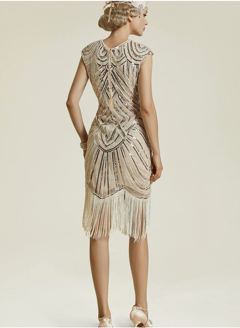Excefore - Women's Flapper Dresses 1920s Beaded Fringed Great Gatsby Dress, Beige/M - Image 1
