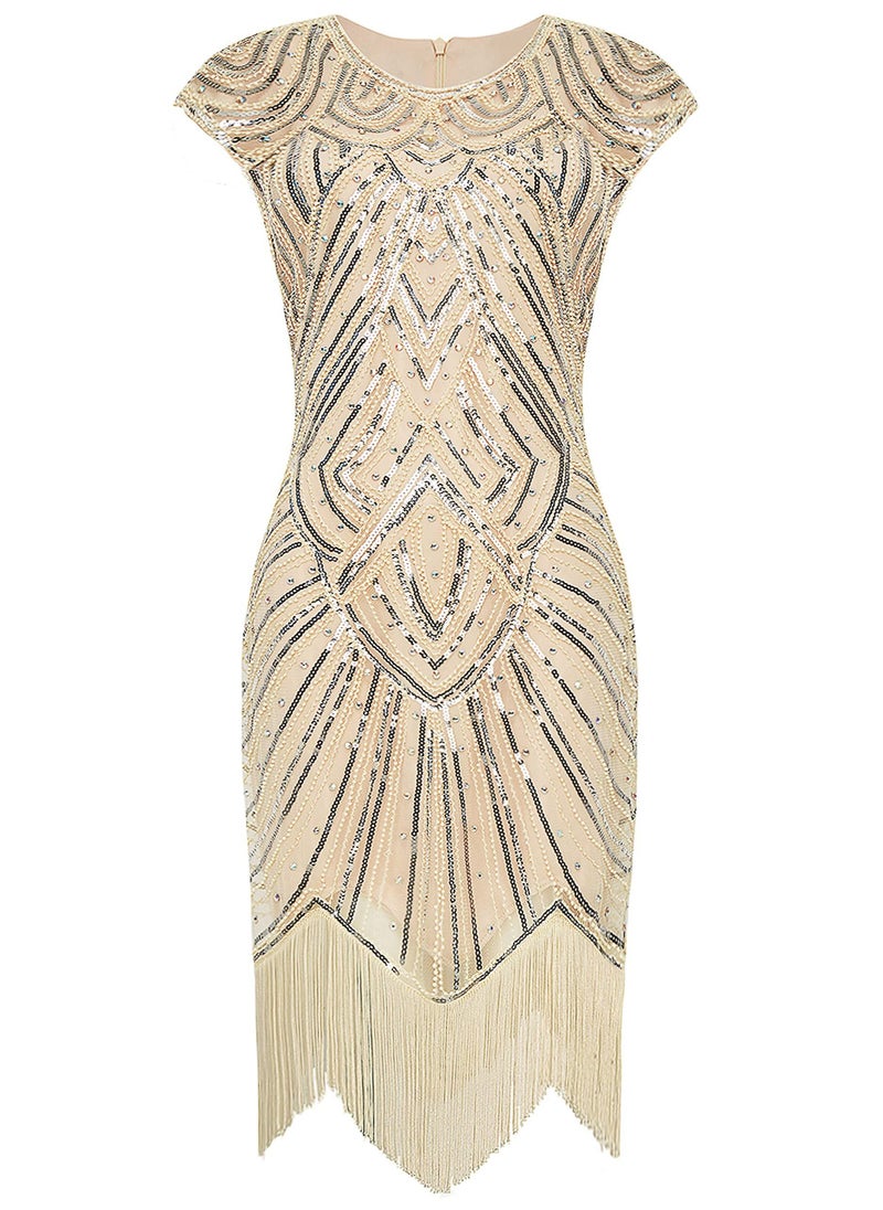 Excefore - Women's Flapper Dresses 1920s Beaded Fringed Great Gatsby Dress, Beige/M - Image 1