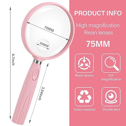 Feosky Handheld Reading Magnifier, 10X Magnifier, 75mm Shatterproof Lens, Non-Slip Handle for Adults Close Work, Seniors Reading and Nature Exploration, Hobby Observation(Pink) - Image 2