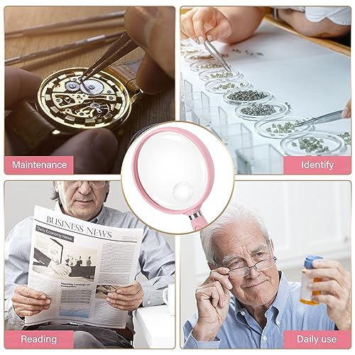 Feosky Handheld Reading Magnifier, 10X Magnifier, 75mm Shatterproof Lens, Non-Slip Handle for Adults Close Work, Seniors Reading and Nature Exploration, Hobby Observation(Pink) - Image 5