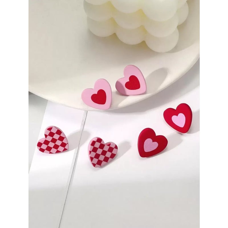 1card/3pairs Valentine's Day Gift For Women - Romantic and Sexy Heart and Checkerboard Pattern Pink Color Heart Shape Acrylic Earrings With Ceramic Texture Stud Earrings Valentines, Mom, Mother, Mother's Day, Gift - Image 3
