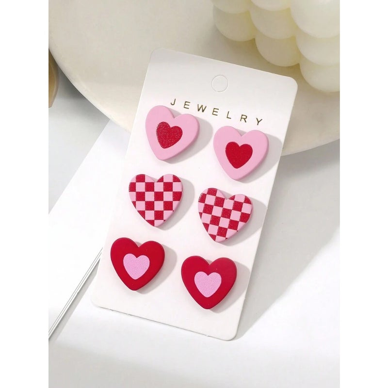 1card/3pairs Valentine's Day Gift For Women - Romantic and Sexy Heart and Checkerboard Pattern Pink Color Heart Shape Acrylic Earrings With Ceramic Texture Stud Earrings Valentines, Mom, Mother, Mother's Day, Gift - Image 1