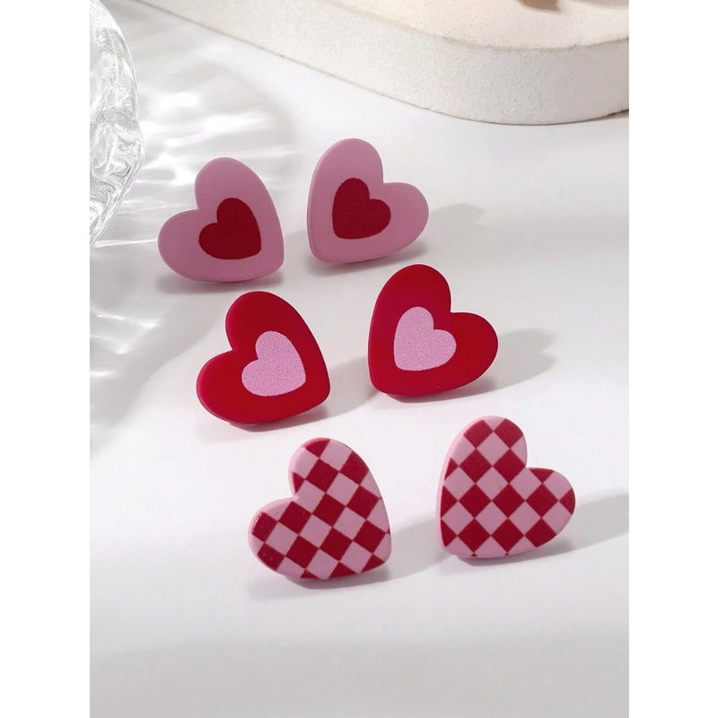 1card/3pairs Valentine's Day Gift For Women - Romantic and Sexy Heart and Checkerboard Pattern Pink Color Heart Shape Acrylic Earrings With Ceramic Texture Stud Earrings Valentines, Mom, Mother, Mother's Day, Gift - Image 4