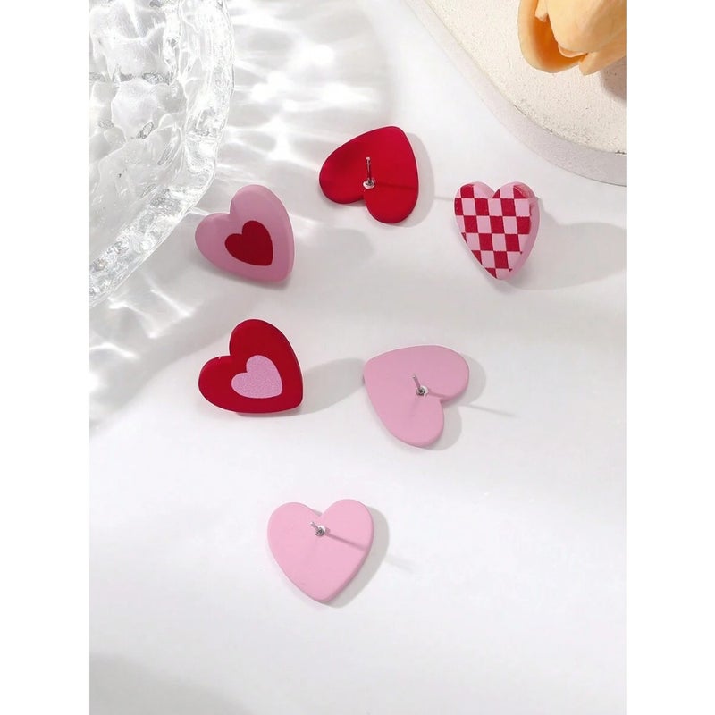 1card/3pairs Valentine's Day Gift For Women - Romantic and Sexy Heart and Checkerboard Pattern Pink Color Heart Shape Acrylic Earrings With Ceramic Texture Stud Earrings Valentines, Mom, Mother, Mother's Day, Gift - Image 5