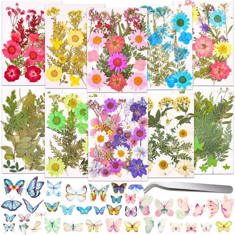 297 Pcs Dried Pressed Flowers Butterfly Stickers for Resin Real Natural Dry Flowers Leaves Bulk with Tweezers for Art Craft Supplies Scrapbooking DIY Epoxy Resin Jewelry Candle Making Nails Dcor