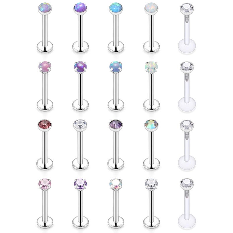 SCERRING 20PCS 16G 8mm Stainless Steel Labret Monroe Lip Ring Tragus Nail Helix Earring Stud Piercing Jewelry with 2mm Clear CZ Opal - Image 1