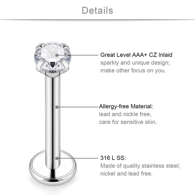 SCERRING 20PCS 16G 8mm Stainless Steel Labret Monroe Lip Ring Tragus Nail Helix Earring Stud Piercing Jewelry with 2mm Clear CZ Opal - Image 2