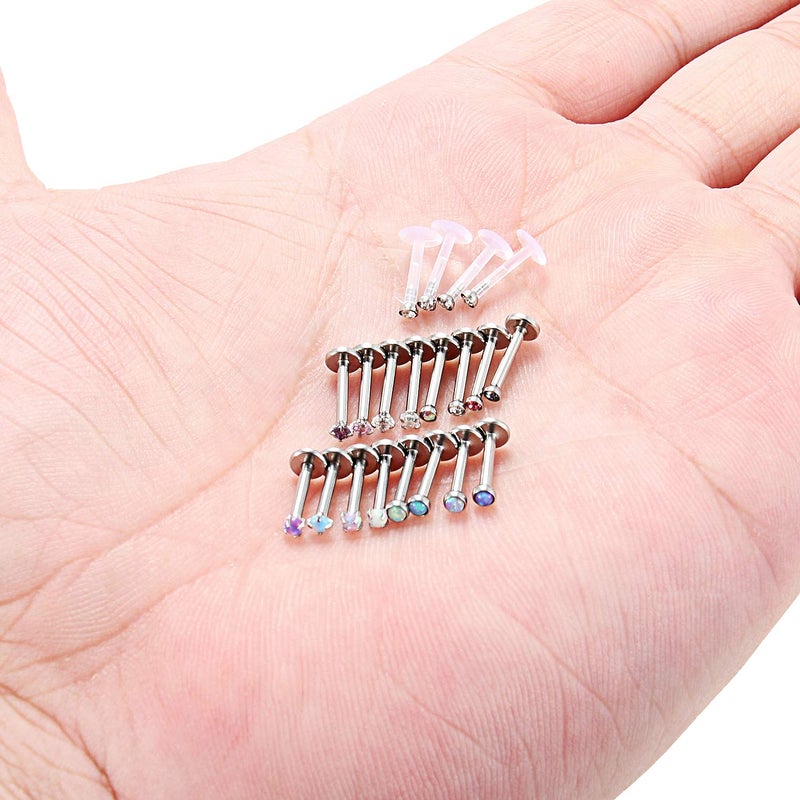 SCERRING 20PCS 16G 8mm Stainless Steel Labret Monroe Lip Ring Tragus Nail Helix Earring Stud Piercing Jewelry with 2mm Clear CZ Opal - Image 3