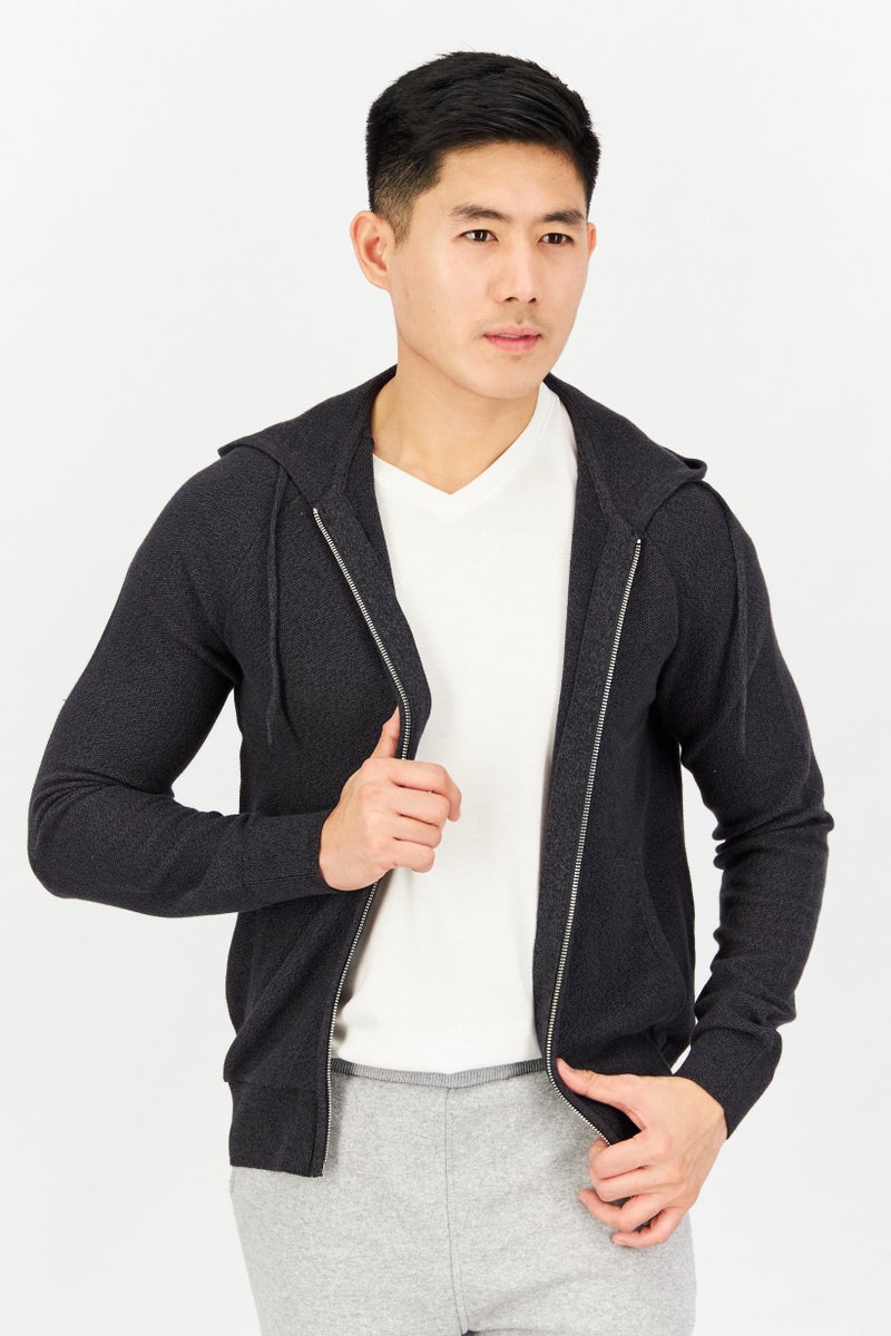 Celio Men Hood With Drawstring Long Sleeve Knitted Hoodie, Dark Grey - Image 1