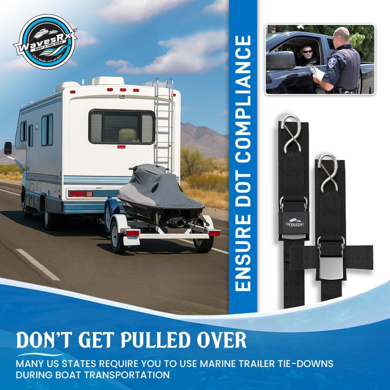 WAVESRX Pontoon & Boat Trailer Transom Straps (2Pk) - 48"" Tie Down Adjustable Boat Strap For Trailer - Outperforms Ratchet & Retractable Tie-Down Strap - Transom Tiedowns For Secure Transportation - Image 3