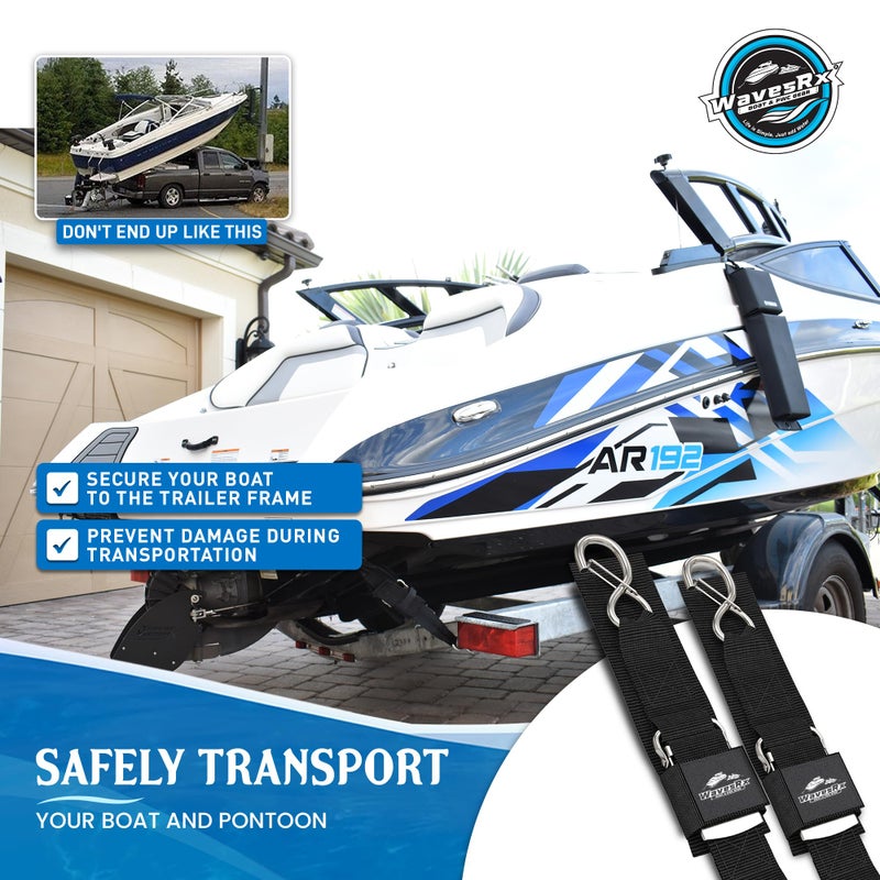 WAVESRX Pontoon & Boat Trailer Transom Straps (2Pk) - 48"" Tie Down Adjustable Boat Strap For Trailer - Outperforms Ratchet & Retractable Tie-Down Strap - Transom Tiedowns For Secure Transportation - Image 2