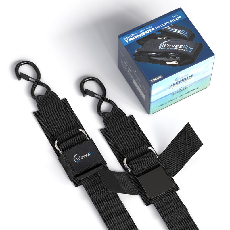 WAVESRX Pontoon & Boat Trailer Transom Straps (2Pk) - 48"" Tie Down Adjustable Boat Strap For Trailer - Outperforms Ratchet & Retractable Tie-Down Strap - Transom Tiedowns For Secure Transportation - Image 1