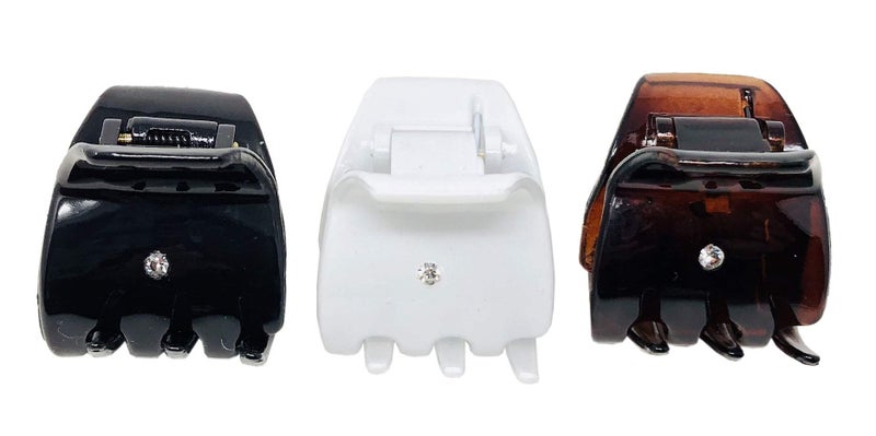 Parcelona France Mignon Tortoise Shell Black and White Small Concealed Spring Set of 3 Jaw Hair Claw Clips with Crystal for Women and Girls