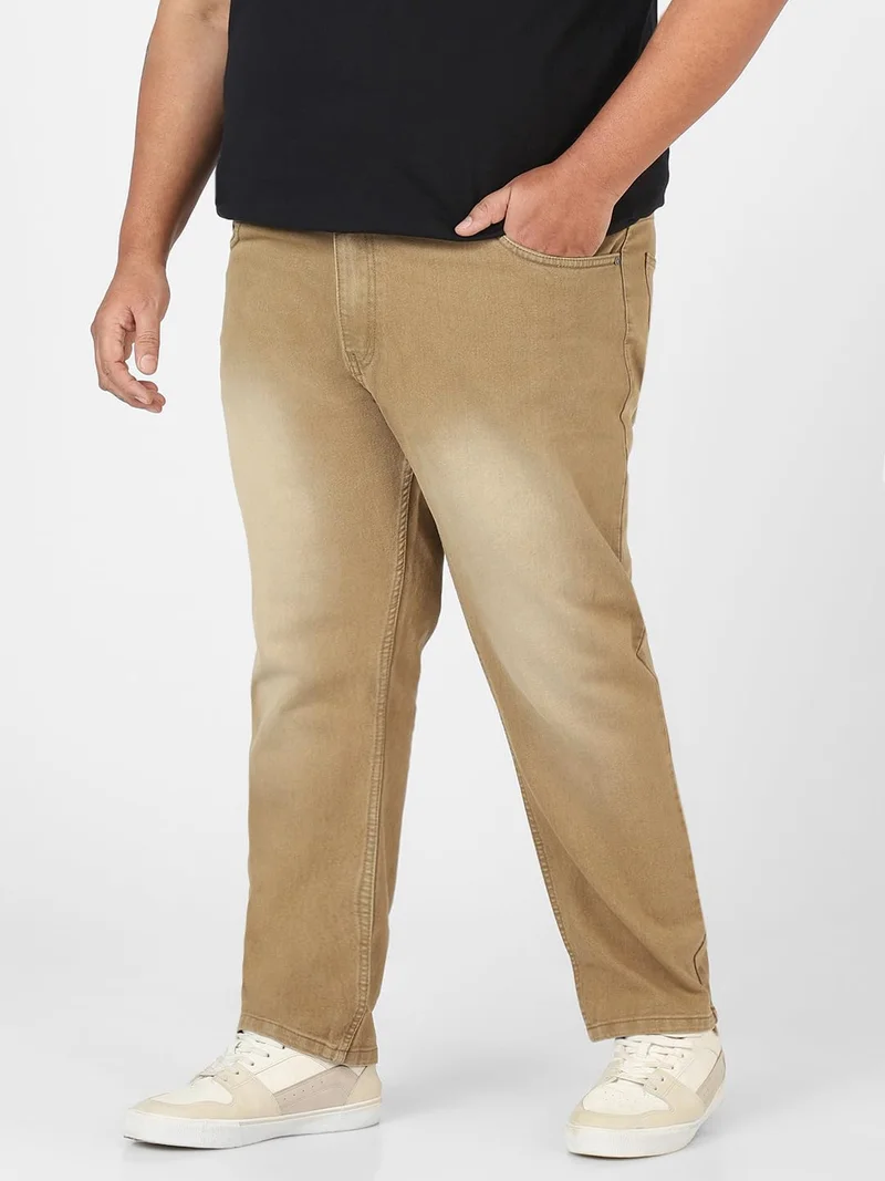 Urbano Fashion  Urbano Plus Men's Khaki Regular Fit Washed Jeans Stretchable  | Best Price UAE