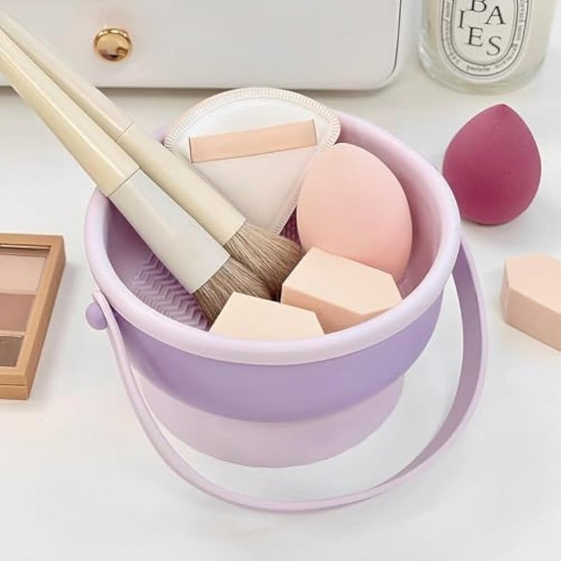 Makeup Brush Cleaner Bowl, Makeup Brush Cleaner and Dryer, Portable Travel Makeup Brush Holder with Silicone Handle, Reusable Makeup Brush Cleaner and Dryer for Cleaning Brushes (Purple) - Image 2