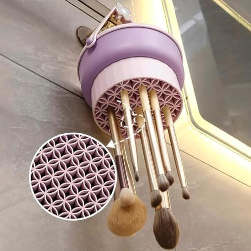 Makeup Brush Cleaner Bowl, Makeup Brush Cleaner and Dryer, Portable Travel Makeup Brush Holder with Silicone Handle, Reusable Makeup Brush Cleaner and Dryer for Cleaning Brushes (Purple) - Image 4