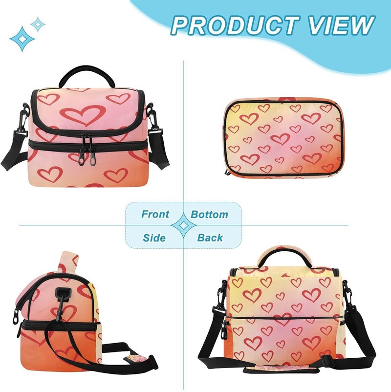 Lunch Box for Women Men Reusable Lunch Bags Hearts Pattern Insulated tote bag with Detachable Shoulder Strap Large Capacity Cooler for Work Picnic Travel - Image 2