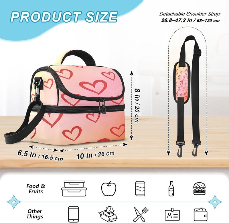 Lunch Box for Women Men Reusable Lunch Bags Hearts Pattern Insulated tote bag with Detachable Shoulder Strap Large Capacity Cooler for Work Picnic Travel - Image 3
