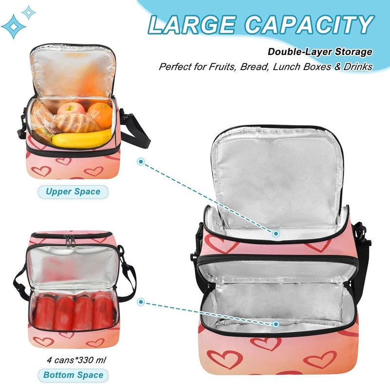 Lunch Box for Women Men Reusable Lunch Bags Hearts Pattern Insulated tote bag with Detachable Shoulder Strap Large Capacity Cooler for Work Picnic Travel - Image 5
