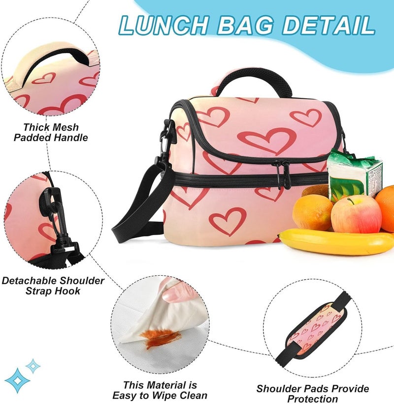 Lunch Box for Women Men Reusable Lunch Bags Hearts Pattern Insulated tote bag with Detachable Shoulder Strap Large Capacity Cooler for Work Picnic Travel - Image 4