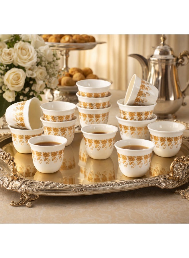 Safa Luxury 12-piece Arabic coffee cup set – White porcelain cups with elegant gold patterns, perfect for hospitality and gatherings ☕✨ - Image 1