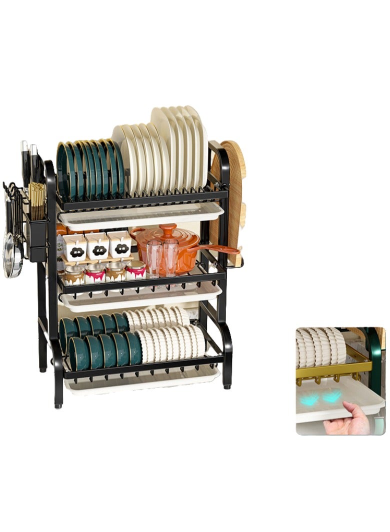 Green three-layer tableware drying rack for kitchen use