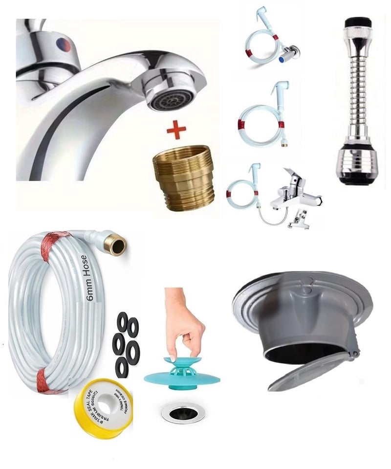 4 in 1 Kitchen & Bathroom Set – Floor Drain Bug Odor Eliminator Valve + Silicone Seal for Drain & Bathtub + Flexible Extender for Mixer to Reduce Splashes + Transparent Water Hose 10m (6mm) Versatile - Image 1