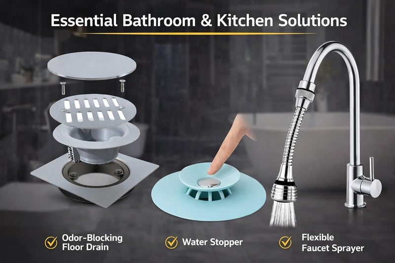 4 in 1 Kitchen & Bathroom Set – Floor Drain Bug Odor Eliminator Valve + Silicone Seal for Drain & Bathtub + Flexible Extender for Mixer to Reduce Splashes + Transparent Water Hose 10m (6mm) Versatile - Image 4