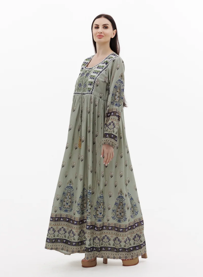 HANA & SARA LONG PRINTED AND NECK EMBROIDERED STYLISH ARABIC KAFTAN JALABIYA DRESSES