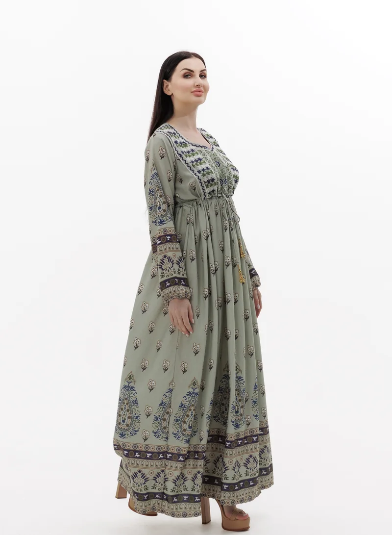 HANA & SARA LONG PRINTED AND NECK EMBROIDERED STYLISH ARABIC KAFTAN JALABIYA DRESSES