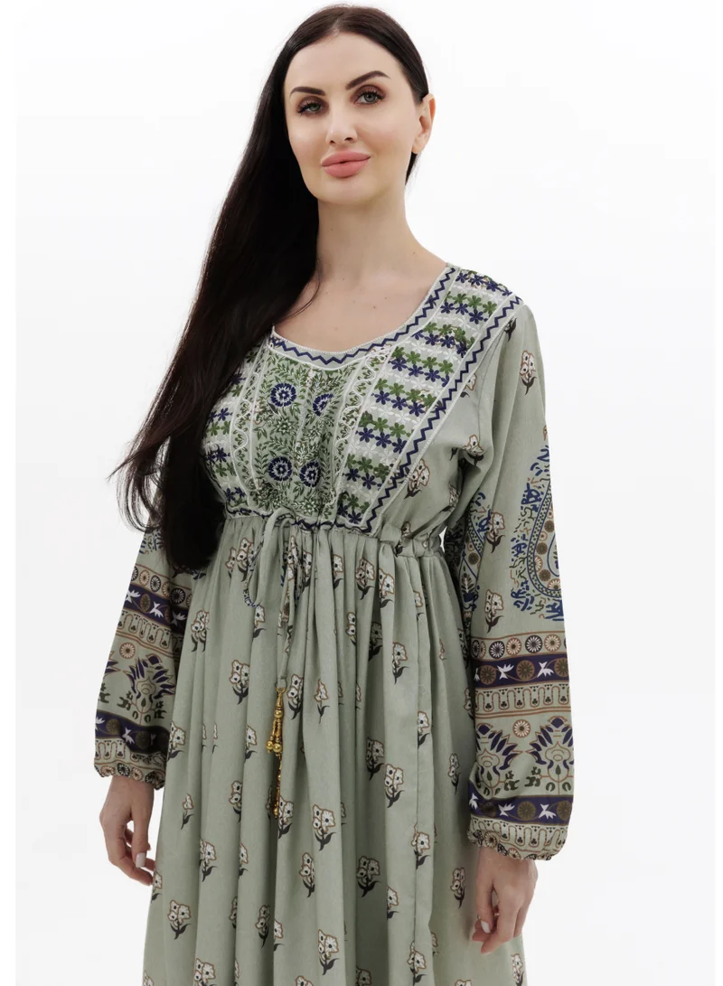 HANA & SARA LONG PRINTED AND NECK EMBROIDERED STYLISH ARABIC KAFTAN JALABIYA DRESSES