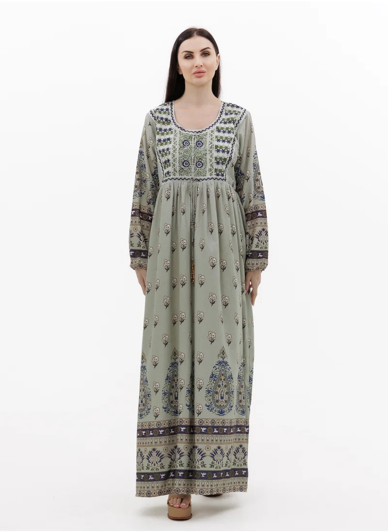 HANA & SARA LONG PRINTED AND NECK EMBROIDERED STYLISH ARABIC KAFTAN JALABIYA DRESSES