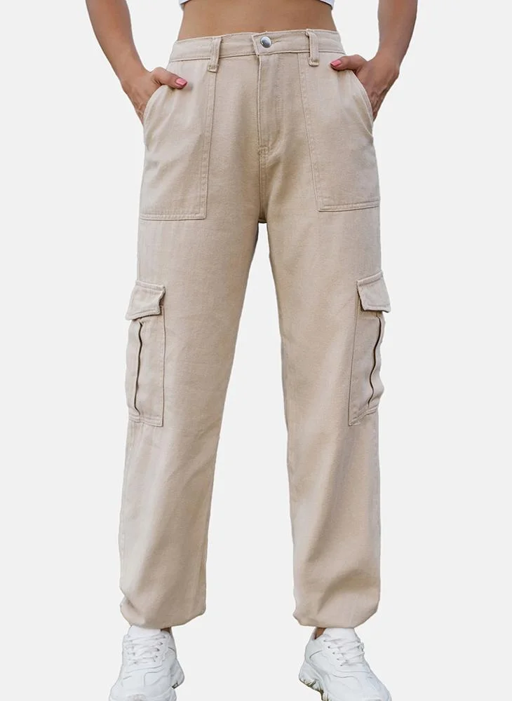 YUNIQEE Beige Regular Fit Mid Rise Plain Cargo Pant