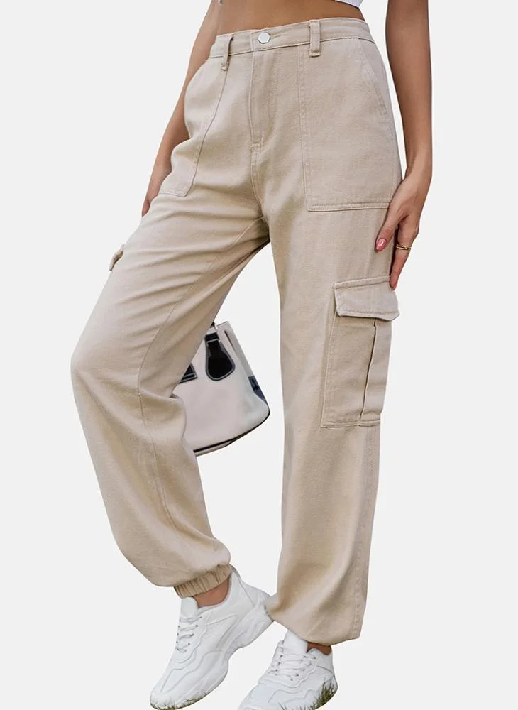 YUNIQEE Beige Regular Fit Mid Rise Plain Cargo Pant