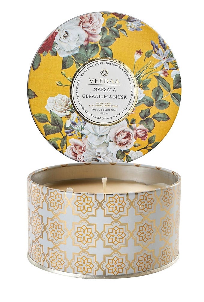 Marsala Geranium Musk 3 Wick Tin Soy Scented Candle Burns 40 Hours