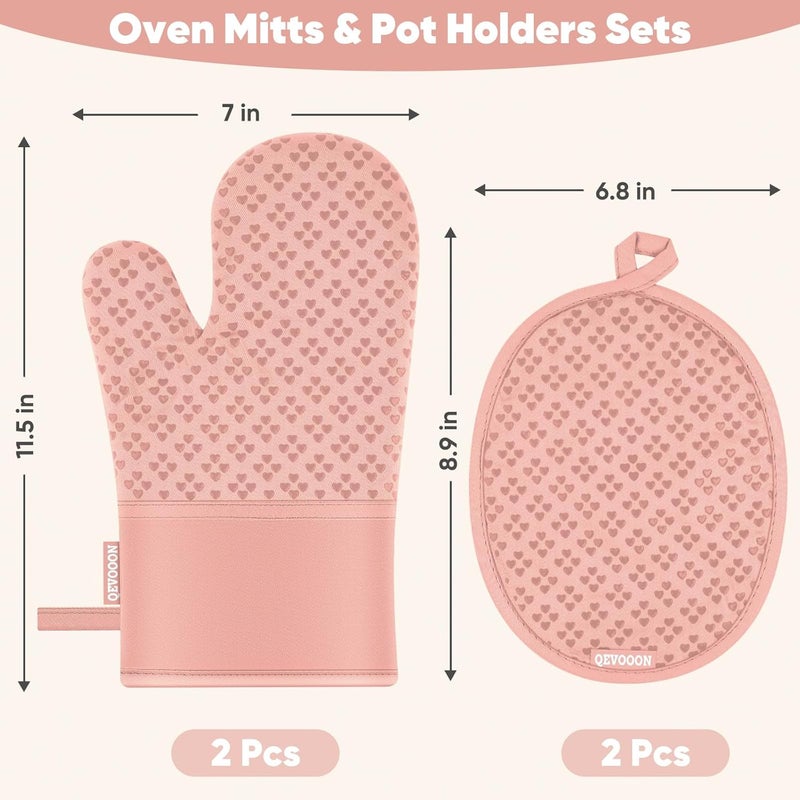 Qevooon Oven Mitts and Pot Holders 4 Sets, Heat Resistant 500 ℉ Oven Mitt and Pot Holder,Oven Glove&Potholders with Non-Slip Silicone Surface,Kitchen Essentials for Cooking/Baking/BBQ-Pink - Image 2