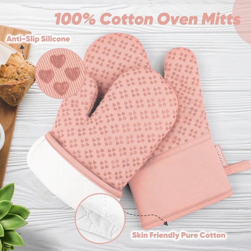 Qevooon Oven Mitts and Pot Holders 4 Sets, Heat Resistant 500 ℉ Oven Mitt and Pot Holder,Oven Glove&Potholders with Non-Slip Silicone Surface,Kitchen Essentials for Cooking/Baking/BBQ-Pink - Image 3