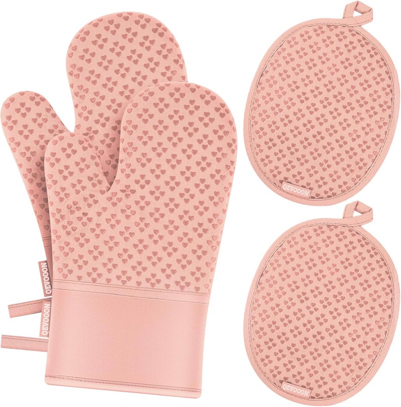 Qevooon Oven Mitts and Pot Holders 4 Sets, Heat Resistant 500 ℉ Oven Mitt and Pot Holder,Oven Glove&Potholders with Non-Slip Silicone Surface,Kitchen Essentials for Cooking/Baking/BBQ-Pink - Image 1