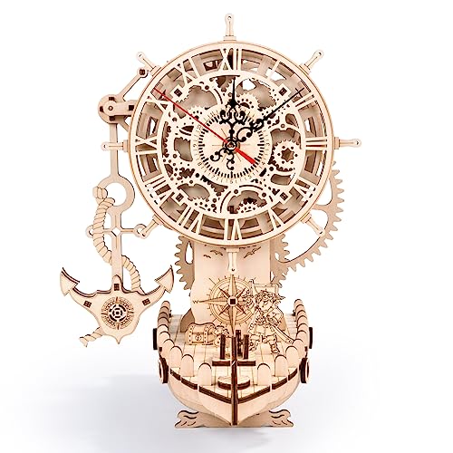 varbertos 3D Wooden Puzzle Mechanical Clock Pirate Ship DIY Model Kit for Adults Teens BuildYourOwn Wood Craft Working Clock Unique Gift Nautical Home Decor - Image 1