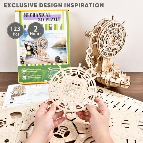varbertos 3D Wooden Puzzle Mechanical Clock Pirate Ship DIY Model Kit for Adults Teens BuildYourOwn Wood Craft Working Clock Unique Gift Nautical Home Decor - Image 5