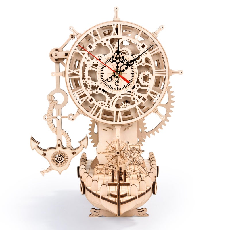 varbertos 3D Wooden Puzzle Mechanical Clock Pirate Ship DIY Model Kit for Adults Teens BuildYourOwn Wood Craft Working Clock Unique Gift Nautical Home Decor - Image 3