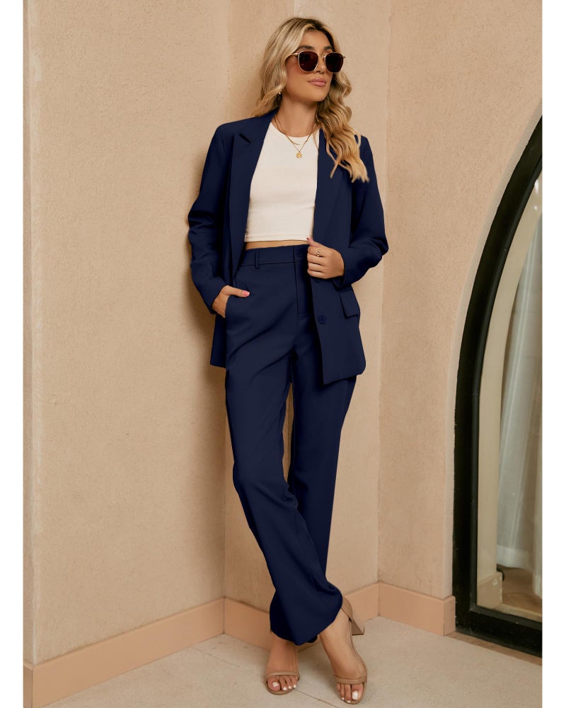 luvamia 2 Piece Outfits for Women Dressy Blazer Jackets High Waisted Straight Leg Pants Suits Set Business Casual Office Two Piece Outfits for Women Dressy Pant Suits Womens Wide Leg Pants Navy Blue - Image 3