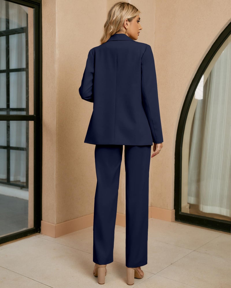 luvamia 2 Piece Outfits for Women Dressy Blazer Jackets High Waisted Straight Leg Pants Suits Set Business Casual Office Two Piece Outfits for Women Dressy Pant Suits Womens Wide Leg Pants Navy Blue - Image 4