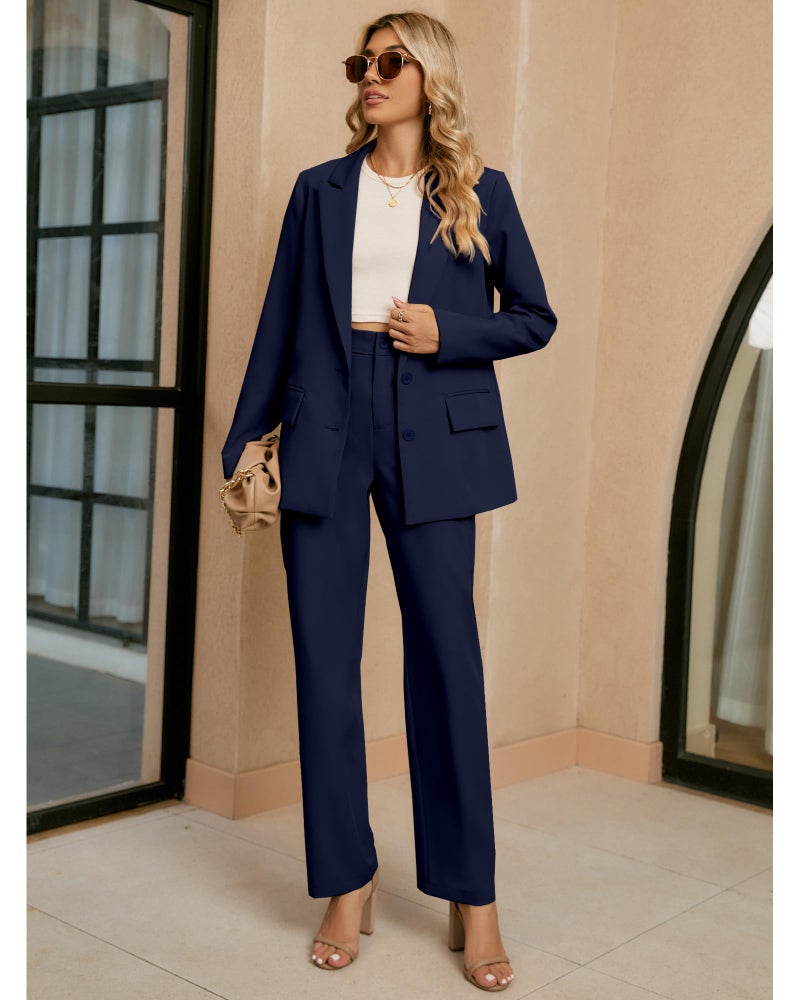luvamia 2 Piece Outfits for Women Dressy Blazer Jackets High Waisted Straight Leg Pants Suits Set Business Casual Office Two Piece Outfits for Women Dressy Pant Suits Womens Wide Leg Pants Navy Blue - Image 2