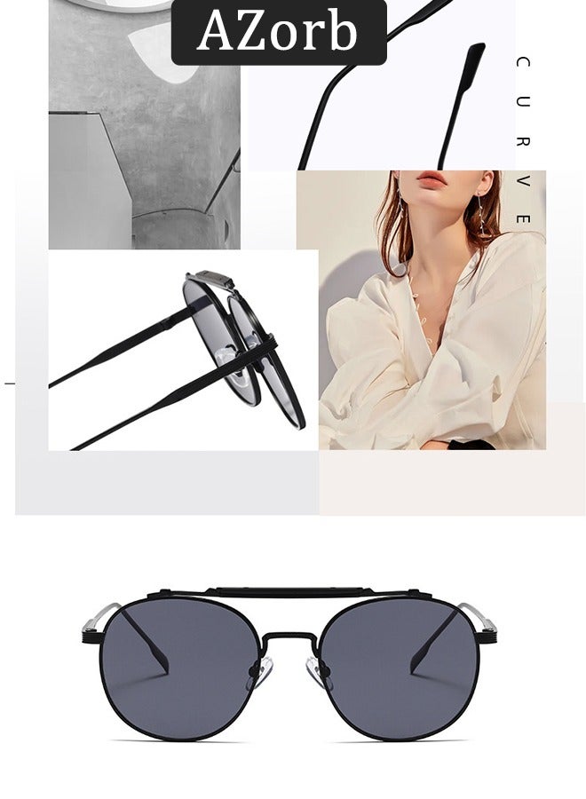 Round Sunglasses Men Women Metal Frame Double Bridge Sun Glassess for Mens Ladies Punk Style Men's Sunglasses Aviator Sunglass Retro Eyewear UV400 Protection Shades